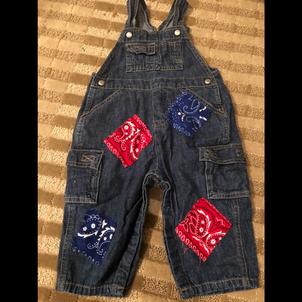 Baby gap overalls with hand sewn bandana patches
